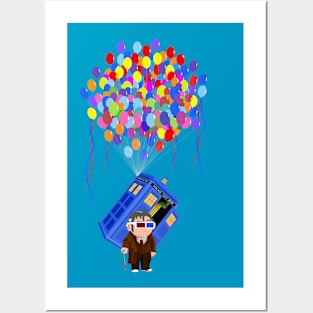 Old 10th Doctor with Flying Baloons blue phone box Posters and Art